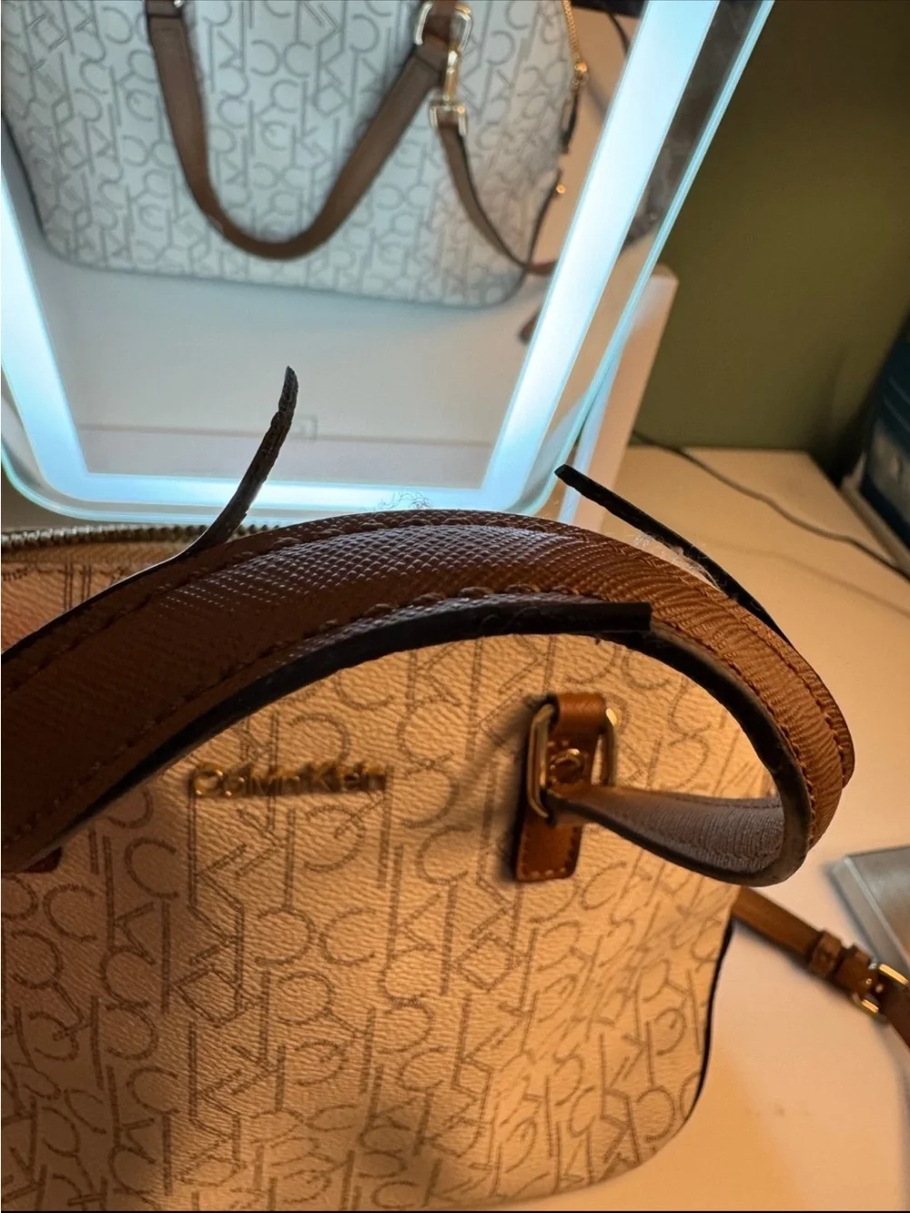 Calvin Klein Cream Logo Dome Satchel with Brown Handles